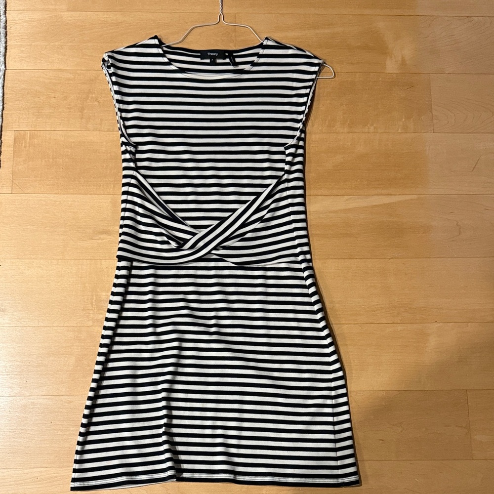 Theory Black and White Striped Stretch Cotton Mini Dress - XS